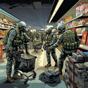 Soldiers shopping in store with tactical gear on.